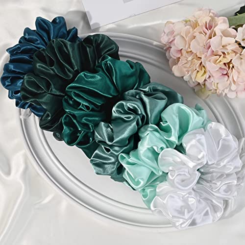 Large Silk Satin Scrunchies - Jumbo Hair Ties for Thick Curly Hair - Pack of 6 (Green) - color: Green, size: 1 Count (Pack of 6)