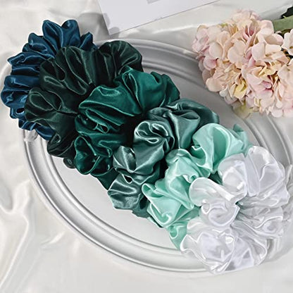 Large Silk Satin Scrunchies - Jumbo Hair Ties for Thick Curly Hair - Pack of 6 (Green) - color: Green, size: 1 Count (Pack of 6)