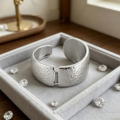 AsAlways 14K Gold Plated Hammered Cuff Bracelet for Women Wide Textured Open Cuff Bangle Statement Gold Chunky Bracelet Jewelry Gift - color: 02 Silver