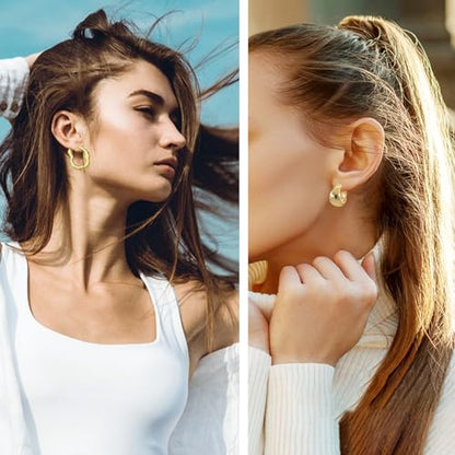 6 Pairs Gold Hoop Earrings Set for Women, 14K Gold Plated Huggie Chunky Earring Variety Pack, Hypoallergenic Thick Jewelry Gift - color: Gold Color