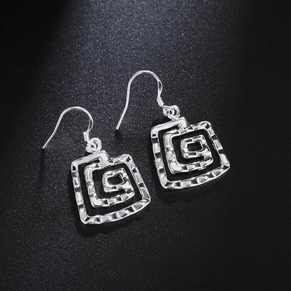 3 Circles Silver Hoop Earrings Necklace Set for Women Geometric Jewelry Set | 925 Silver Hypoallergenic Small Hoop Circle Geometry Textured Finish Minimalist Style Comfortable Wear - style: Square Spiral