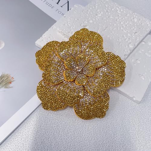 Rhinestone Flower Brooch Pin for Women Men Elegant Sparkly Crystal Camellia Floral Lapel Pins Shawl Dress Suit Clothes Accessories Wedding Party Fashion Jewelry 105mm - color: Gold