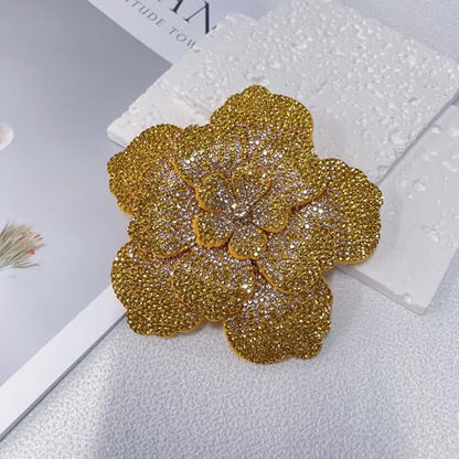 Rhinestone Flower Brooch Pin for Women Men Elegant Sparkly Crystal Camellia Floral Lapel Pins Shawl Dress Suit Clothes Accessories Wedding Party Fashion Jewelry 105mm - color: Gold