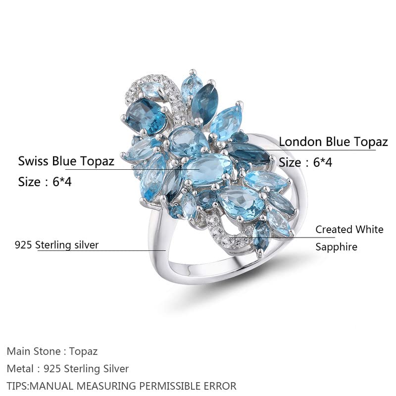 Statement Flower Ring Cocktail Leaf Ring Birthstone Anniversary Signet Ring | Hypoallergenic|14K Gold Plated|Sterling Silver Sparkling Engagement Promise Party Ring for Women, Size 6 to 10(With Box) - color: Long Leaf -London Blue Topaz