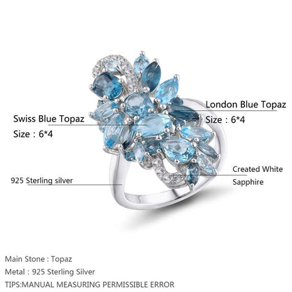Statement Flower Ring Cocktail Leaf Ring Birthstone Anniversary Signet Ring | Hypoallergenic|14K Gold Plated|Sterling Silver Sparkling Engagement Promise Party Ring for Women, Size 6 to 10(With Box) - color: Long Leaf -London Blue Topaz
