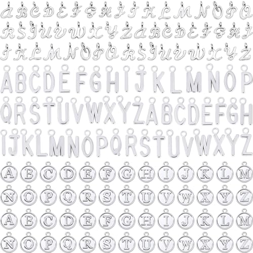 SANNIX 156Pcs/6 Sets Letter Charms, Alphabet ABC Letter Charms 3 Styles | Capital A-Z DIY Bracelet Necklace Pendants, with 200Pcs Open Jump Rings, for Jewelry Making, Antique Silver - color: Silver