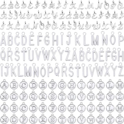 SANNIX 156Pcs/6 Sets Letter Charms, Alphabet ABC Letter Charms 3 Styles | Capital A-Z DIY Bracelet Necklace Pendants, with 200Pcs Open Jump Rings, for Jewelry Making, Antique Silver - color: Silver