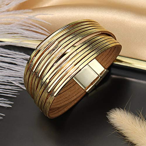 Multi-layer Leather Bracelets Multi-strand Wrap Bracelets Handmade Braided Rope Cuff Bangle with Magnetic Buckle Jewelry - color: Gold