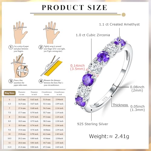 Birthstone Wedding Band Eternity Rings 925 Sterling Silver Rings Stackable Anniversary Engagement Rings Cubic Zirconia Inlaid Created Garnet/Amethyst/Sapphire Ring 7 Stone Ring, Size 6 to 10 - color: Amethyst & 5A CZ