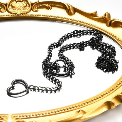 Qitian Stainless Steel Adjustable Lariat Y-Necklace for Men,Punk Gothic Cuban Necklace Jewelry,Heart O-ring Slip Chain Necklace for Women - color: Black
