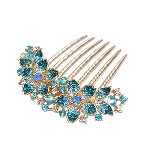 Women Rhinestone Inlaid Flower Hair Comb Hairpin Barrette Accessory,Also Perfect Mother's Day Gifts for Mom (Blue) - color: Blue