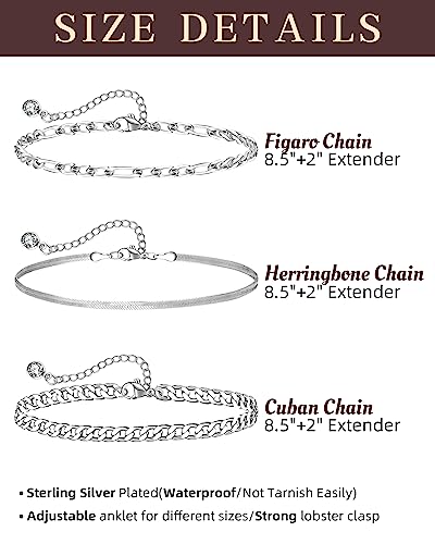 Sterling Silver Ankle Bracelets for Women Strong Lobster Clasp - Cuban Link, Figaro, Rope, Flat Mariner, Snake Herringbone, Satellite, Paperclip - Summer Beach Waterproof Silver Anklet - color: Curb,Figaro,Snake