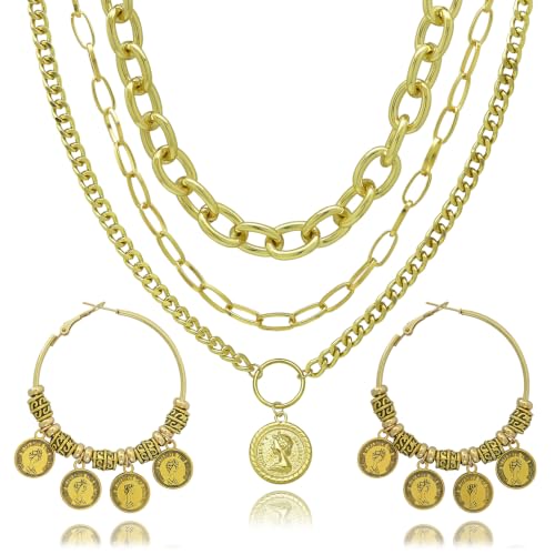 2 Pcs Layered Golden Pirate Necklace Earrings for Women Chunky Chain Layered Necklace Boho Gypsy Hoop Earrings Punk Grunge 80s 90s Coin Pendant Jewelry Halloween Pirate Costume Accessories - color: 3-layer Gold Paperclip Chains