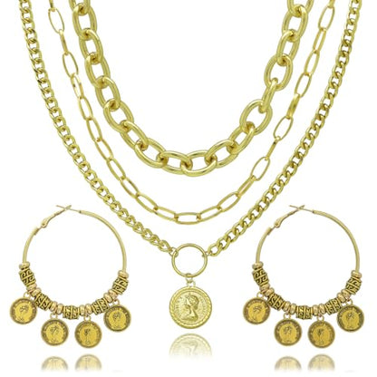 2 Pcs Layered Golden Pirate Necklace Earrings for Women Chunky Chain Layered Necklace Boho Gypsy Hoop Earrings Punk Grunge 80s 90s Coin Pendant Jewelry Halloween Pirate Costume Accessories - color: 3-layer Gold Paperclip Chains