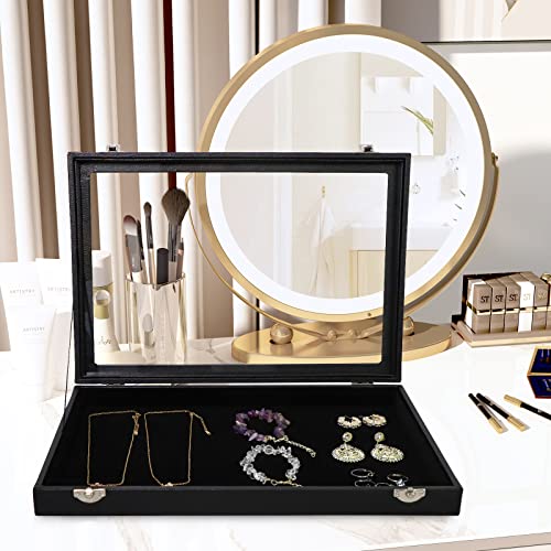 Wudygirl Leather Jewelry Organizer Tray with Lid 13.7"x9.4" Black | Empty Jewelry Organizer with Velvet Liner, Ideal for Jewelry Storage, Dresser Drawer or Gift, Dustproof Design - style: Empty Tray