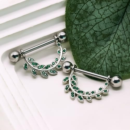 2pcs 14G Nipple Rings Flower Nipple Bars Surgial Steel 316L Nipple Piercing Jewelry Heart Nipple Barbell for Women - color: green leaf