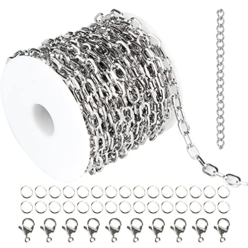 32.8 Feet Silver Stainless Steel Link Cable Chain Paperclip Necklace Chains Bulk with Jump Rings Lobster Clasps Extender Chain for DIY Jewelry Making - color: Steel Square