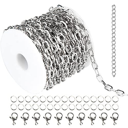 32.8 Feet Silver Stainless Steel Link Cable Chain Paperclip Necklace Chains Bulk with Jump Rings Lobster Clasps Extender Chain for DIY Jewelry Making - color: Steel Square