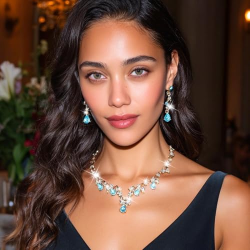 Gold Rhinestone Jewelry Set Bridal Wedding Necklace Earrings Sets Prom Formal Costume Jewelry for Women and Brides - color: Light Blue