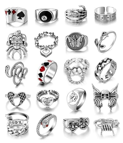 17IF 26-35 Pcs Vintage Silver Knuckle Ring Set for Women Men, Gothic Rings | Grunge Chunky Aesthetic Snake Stackable Adjustable Punk Bulky Finger Alt Fairy Skull Frog Heart Star Flower Midi Ring Pack - style: 21 Red Clown