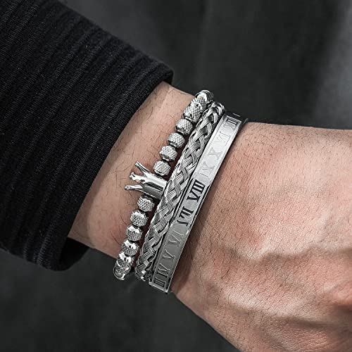 WFYOU 3PCS Stainless Steel Imperial Crown Bracelets for Men Gold Roman Numeral Bangle Bracelet Adjustable Cuff Bracelet Mens Luxury Jewelry Gifts - style: 10:Silver- Crown