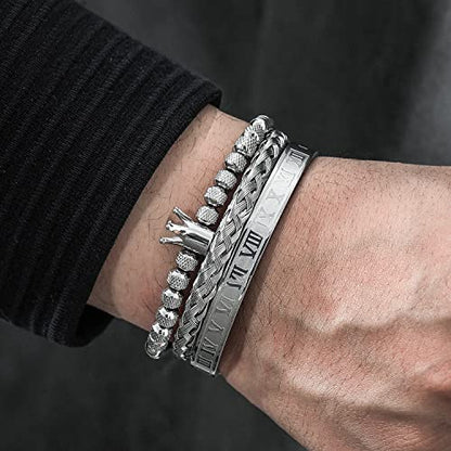 WFYOU 3PCS Stainless Steel Imperial Crown Bracelets for Men Gold Roman Numeral Bangle Bracelet Adjustable Cuff Bracelet Mens Luxury Jewelry Gifts - style: 10:Silver- Crown