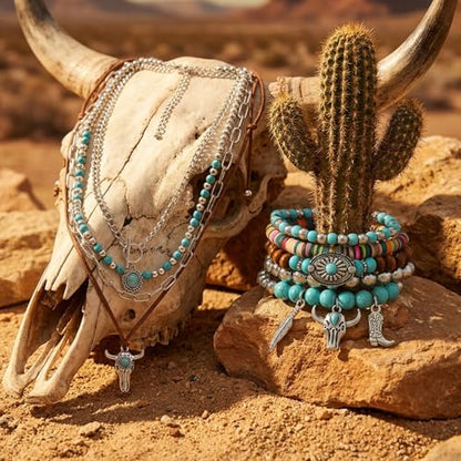 Western Jewelry Sets for Women Boho Jewelry, Layer Bohemian Necklace Earrings Bracelet, Cowgirl Accessory Rodeo Summer Beach - color: Blue,Brown