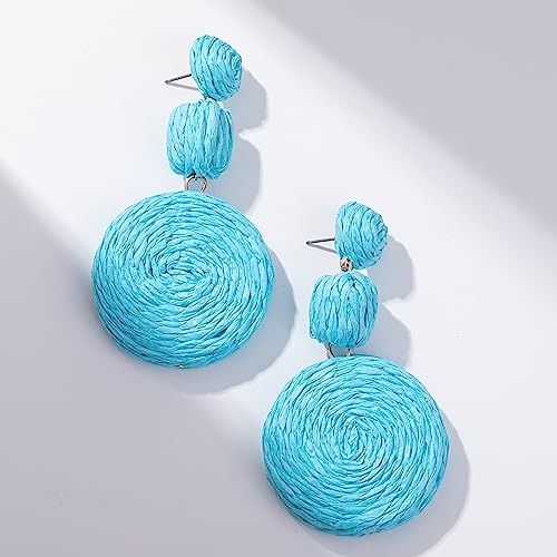 Statement Raffia Boho Round Dangle Ball Earrings - Cute Handmade Summer Bohemian Dangling Jewelry for Women - color: Blue