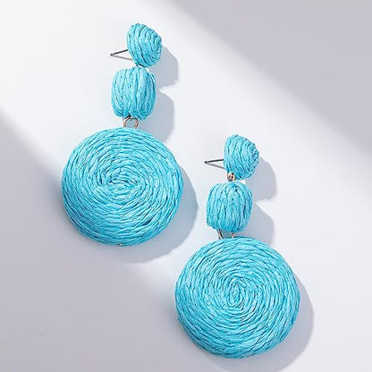 Statement Raffia Boho Round Dangle Ball Earrings - Cute Handmade Summer Bohemian Dangling Jewelry for Women - color: Blue