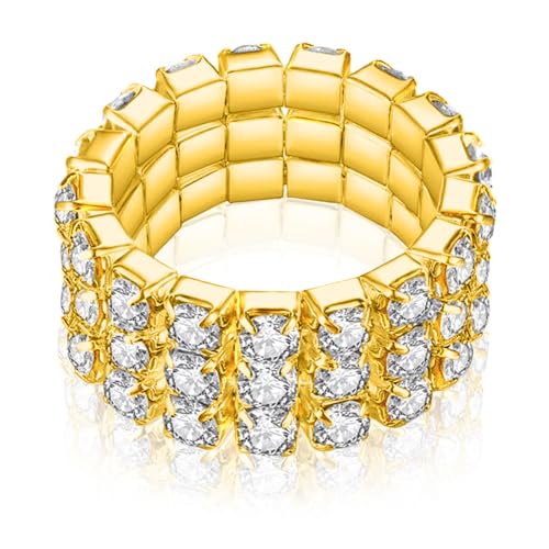 Kucheed 3PCS Rhinestone Stretch Ring, Fashion Crystal Stackable Finger Rings Set, Cute Toe Ring Body Jewelry, Silver Diamond Elastic Band Ring Accessories, Sparkly Thumb Pinky Ring for Women - color: Gold