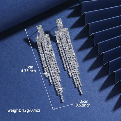 Silver Shiny Rhinestone Long Tassel Dangle Earrings for Women Trendy, Unique Bling Zirconia Drop Earring Dainty Prom Party Jewelry Accessories Gift - color: Silver 2