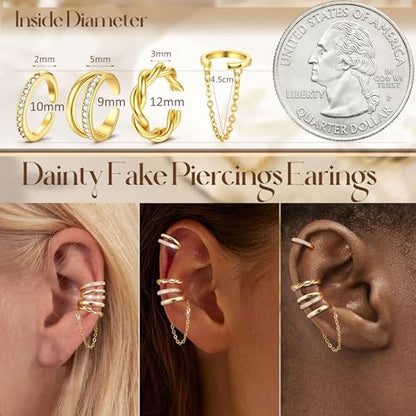 Florideco 4Pcs Ear Cuffs Non-Piercing for Women Dainty 14K Gold Plated Clip On Cartilage Earrings Hypoallergenic Huggie Hoop Cuffs Fake Earings for Non Pierced Ears - color: Double-14K Gold Plated
