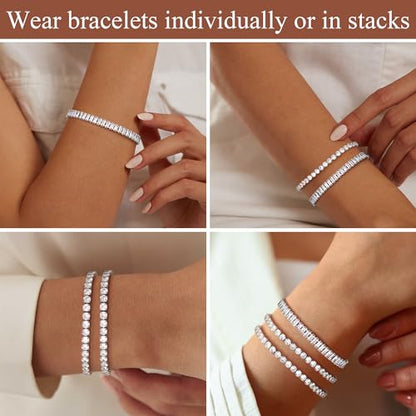 YADOCA 3Pcs Silver Tennis Bracelets For Women Diamond Bracelets Jewelry | Silver Bracelet Stack Cubic Zirconia CZ Adjustable Stackable Bracelets Set For Prom Wedding Gift - style: B:Simple