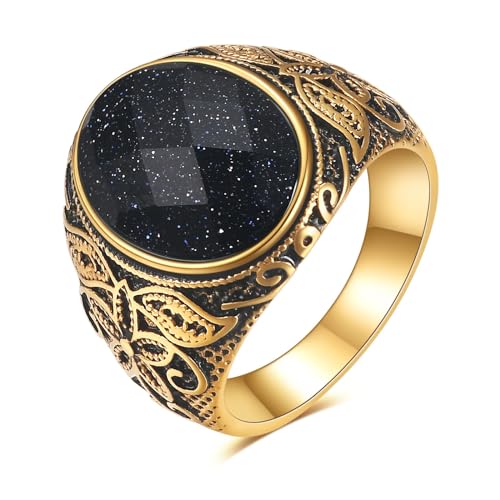 MYNENEY Retro Vintage Stone Rings for Men Turquoise Rings Stainless Steel - color: Gold-Black