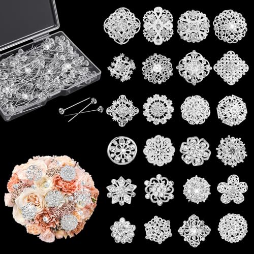 124 Pcs Rhinestone Brooch for Bouquet, Flower Brooch Rhinestone Diamond Brooches Crystal Corsage Boutonniere Stick Pins Embellishments for Crafting Wedding Decor Supplies(Silver)