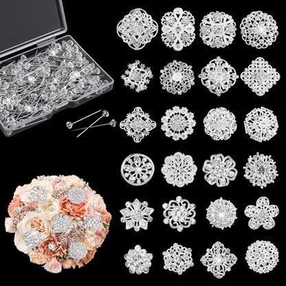 124 Pcs Rhinestone Brooch for Bouquet, Flower Brooch Rhinestone Diamond Brooches Crystal Corsage Boutonniere Stick Pins Embellishments for Crafting Wedding Decor Supplies(Silver)