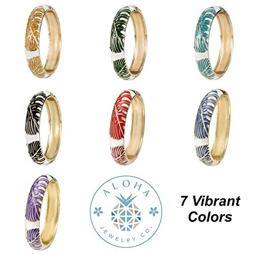 Hawaiian Monstera Luau Leaves Hinged Clasp Fashion Enamel Bangle Bracelet - color: White
