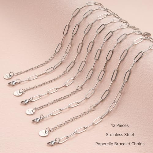 UMAOKANG 12PCS 6.5Inch Stainless Steel Paperclip Chain Bracelets Bulk | Silver Bracelet Set Women and Men DIY Jewelry Making Classic Paper Clip Hand Chains - color: 12pcs Steel