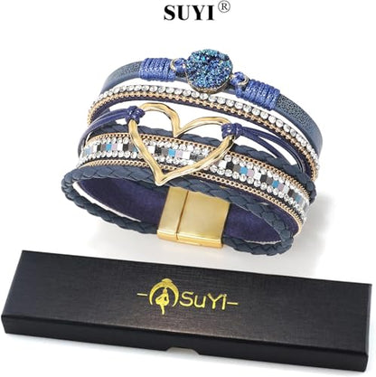 Suyi Multilayer Leather Wrap Bracelet Heart-Shape Wide Bracelets for Women - color: Blue