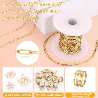 23 Ft Gold Chain for Jewelry Making, 18K Gold Plated Stainless Steel Oval Paperclip Chain Roll with 10 Lobster Clasps 30 Jump Rings 1 Opening Closing Tool for DIY Charm Necklaces Bracelets Women Men