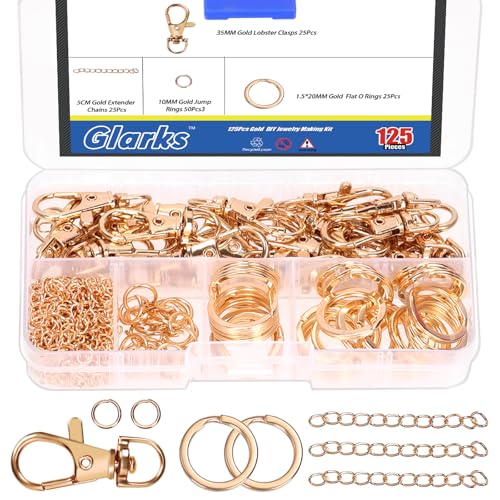 Glarks 125pcs Golden Keychain Making Kit, Keychain Craft Supplies Including Key Chain Clips with Chains, Lobster Claw Clasps, Key Rings and Jump Rings for Jewelry Craft Making - color: Golden