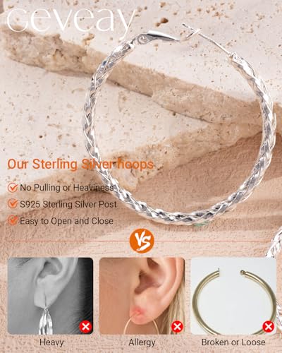 925 Sterling Silver Post Hoop Earrings Lightweight Twisted Hoop Earrings for Women Hypoallergenic Large Hoop Earrings 30/40/50MM - color: Silver, size: 30MM