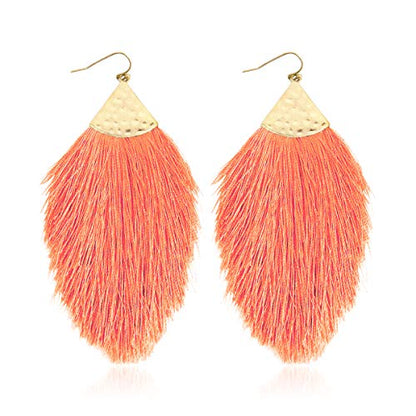 Bohemian Silky Thread Fan Fringe Tassel Statement Earrings - Lightweight Strand Feather Shape Dangles - color: Feather Fringe - Dark Salmon