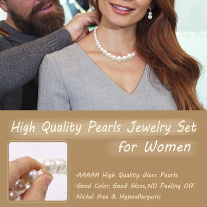 Cryshimmer Pearl Choker Necklace for Women Faux Pearl Beads Strand Necklace Earring Set Costume Jewelry,Gift for Wife Mother - color: Cream White