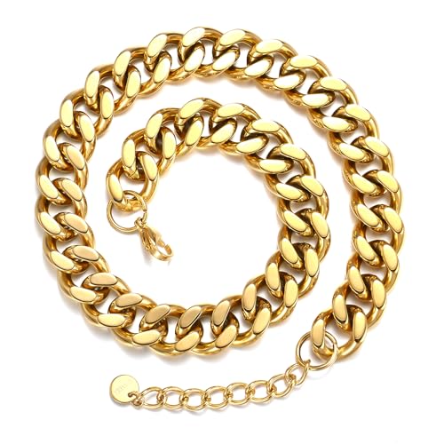 FEEL STYLE Chunky Gold Necklace for Women - 14K Gold Plated 10mm/14mm Cuban Link Chain & 8mm O-Link Chunky Necklace Fashion Jewelry Adjustable - color: Gold Chain, style: 14MM Cuban Link Chain