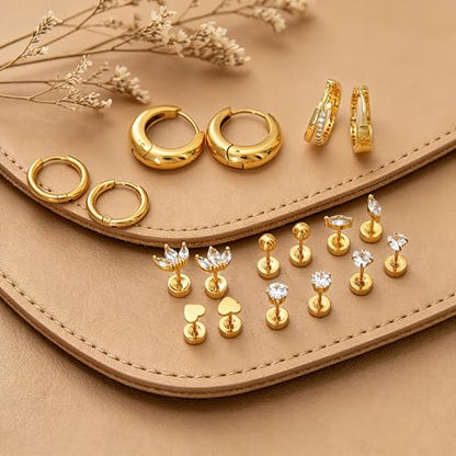 Stainless Steel Stud Earrings Set for Women Hypoallergenic Flat Back Cartilage Earrings Screw Back Huggie Hoop Earrings Multiple Piercing Cubic Zirconia Helix Tragus Jewelry - color: Set-A-14K Gold Plated