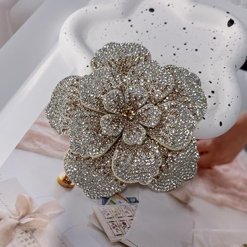Rhinestone Flower Brooch Pin for Women Men Elegant Sparkly Crystal Camellia Floral Lapel Pins Shawl Dress Suit Clothes Accessories Wedding Party Fashion Jewelry 105mm - color: Beige