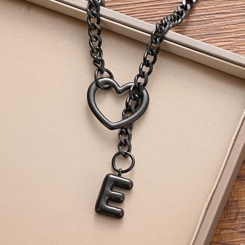 sroyte Black Heart Slip Chain Initial Necklaces for Women,Stainless Steel O-Ring Adjustable Lariat Heart Y-Necklace,Punk Gothic Cuban Collar Choker Necklace for women - color: Black E