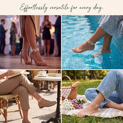 Dainty Layered Ankle Bracelets for Women Waterproof, 14K Gold/Silver Plated Anklets Beaded Satellite Chain Ankle Bracelet Set Trendy Beach Summer Fashion Jewelry Gift - style: Style 2-Silver