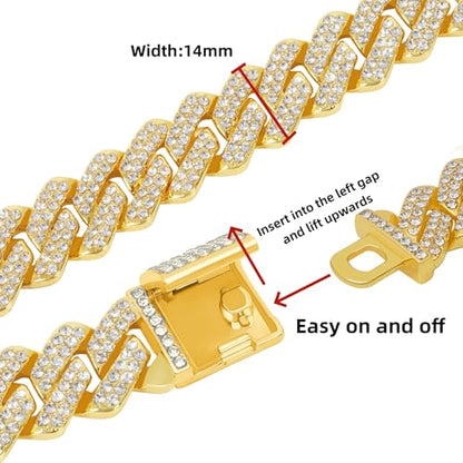 Mens Cuban Link Chain Iced Out Miami Cuban Necklace/Bracelet |14mm Silver & Gold Plated Chains | Bling Diamond Hip Hop Jewelry For Men Women - color: Yellow Gold, size: 16 inches